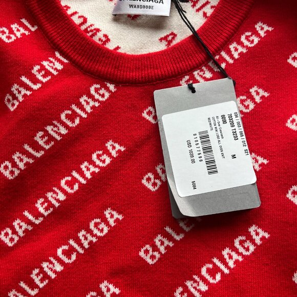 NWT Balenciaga Long Sleeve Knit Top Crewneck Mini Logo Allover Red Wool Blend - Picture 3 of 9
